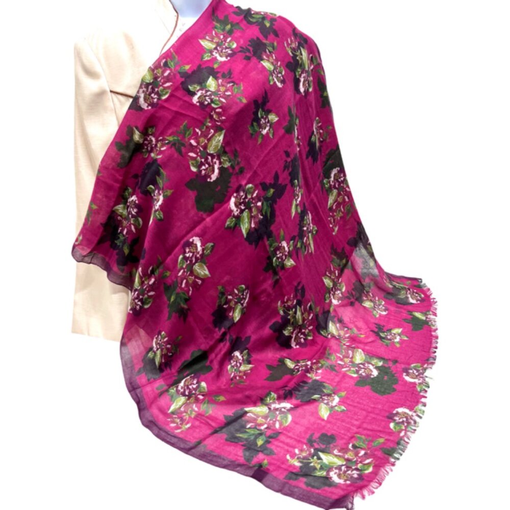 Vgt  DAKS LONDON Scarf Cotton Wool  64"x32" Burgendy Brown Floral Fringed ( 49)